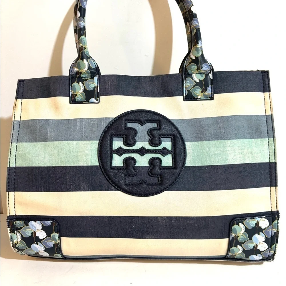 Tory Burch Black and Cream Tote Bag with Structured Design